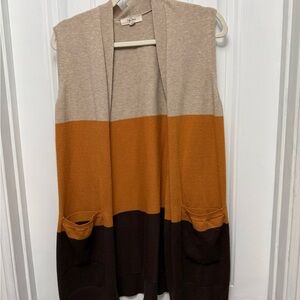 Peyton Primrose Brown Striped Knit Sleeveless Cardigan Sweater Cozy Size Large